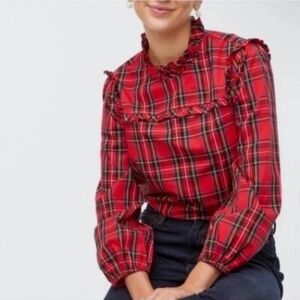 J. Crew | Women's Red Tartan Plaid Ruffle Neck Blouson Sleeve Top